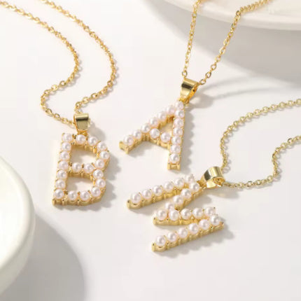 Personalized Initial Pendant With Initial Pearl Necklace Gold Monogram