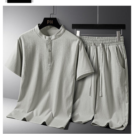Men's National Style Cotton And Linen Casual Shorts Short Sleeve Two-piece Set