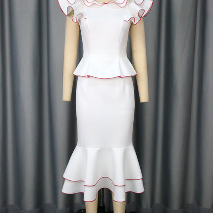Women's Ruffled Contrast Color Top Temperament Slim Fishtail Skirt Suit