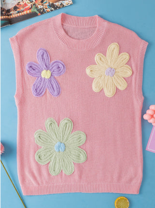 Multi Colored Crochet Flower Knitted Short Sleeved Shirt