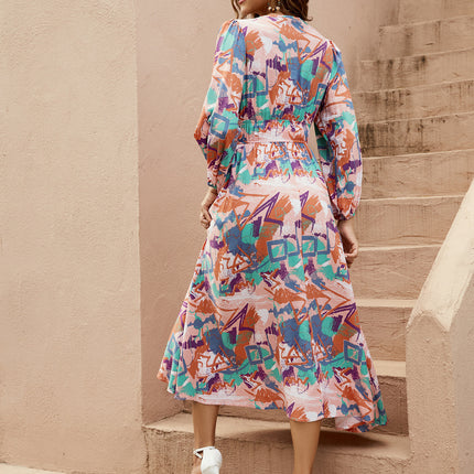 Europe And America Cross Border Women's Multi-color Irregular Geometric Printing Deep V Girdle Lantern Long Sleeve Large Swing Dress