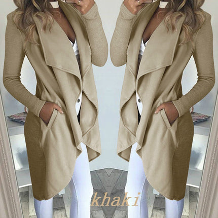 Women's Plus Size Solid Color Polo Collar Slim Fit Long Trench Coat