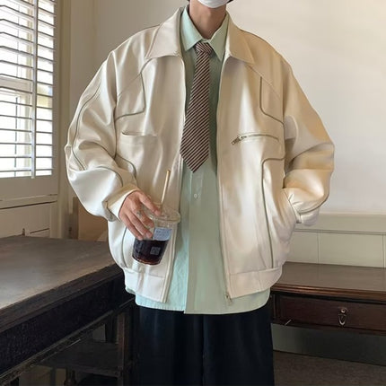 Men's Temperament Zipper Fashion Lapel Leather Coat