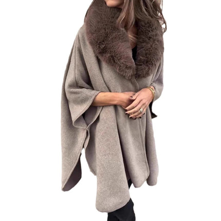 Women's Loose Long Sleeve Large Lapel Fur Collar Cape Coat
