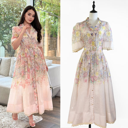 Lace Ruffled Short Sleeves Printed Style Dress