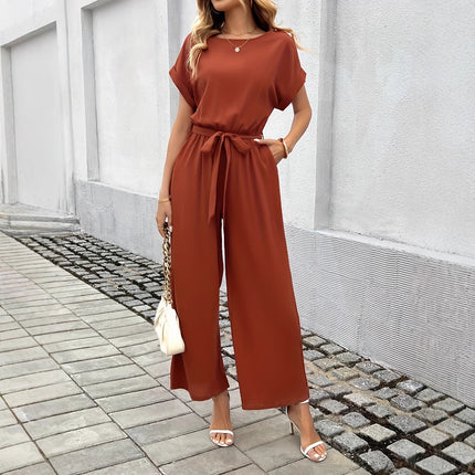 Women's Fashion Solid Color With Belt Round Neck Jumpsuit