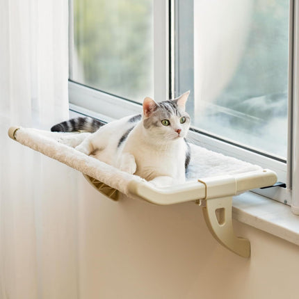 MEWOOFUN Cat Window Perch With One-Step Sliding Clamp - Adjustable Window Sill Hammock With Removable Cover For Indoor Cats - Medium Beige Cat Bed Fits Windowsill & Bedside