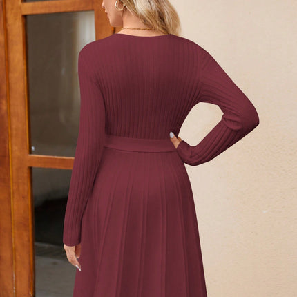 Women's Wrap A-Line Knit Dress Long Sleeve