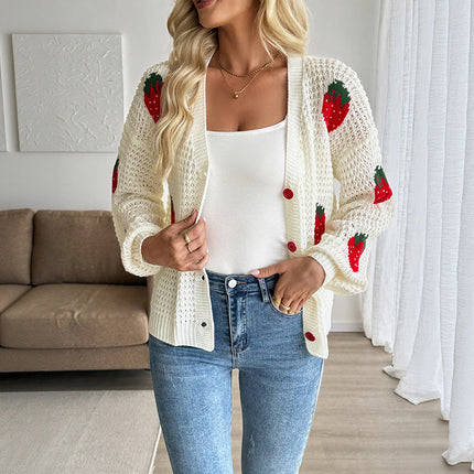 Casual Cardigan European And American Ladies Strawberry Jacquard Sweater