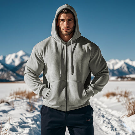 Men's Warm With Velvet Hooded Zipper Casual Sweatshirt