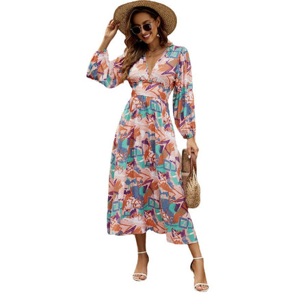 Europe And America Cross Border Women's Multi-color Irregular Geometric Printing Deep V Girdle Lantern Long Sleeve Large Swing Dress