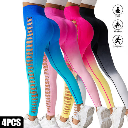 4 Pack Cut Out Ombre Gradient Color Hollow High-waist Butt-lifting Fitness Women's Yoga Pants, Women's High Waist Yoga Pants Cutout Ripped Super Soft And Comfortable Skinny Leggings