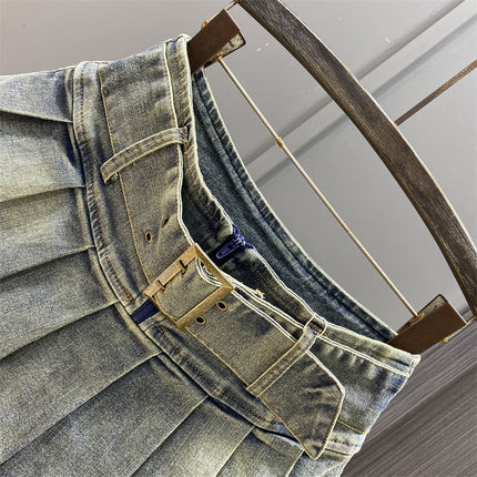 Hot Girl Retro Blue Low Waist Pleated Skirt