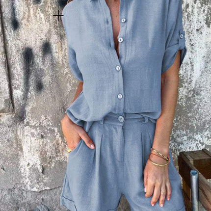 Short-sleeved Suits Fashion Lapel Button Shirt Top And Pocket Shorts Women's Clothing