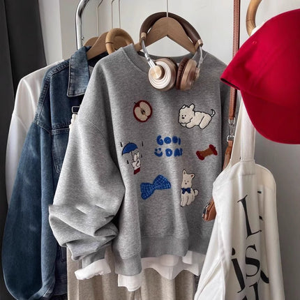 New Embroidered Flocking Loose All-match Round Neck Sweater