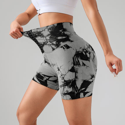 Tie Dye Button Everyday Wear Spring Summer Sports Shorts, High Waist Butt Lift Tie Dye Shorts, Women's Summer Yoga Wear Fitness Shorts Running Sports Fitness Yoga Shorts