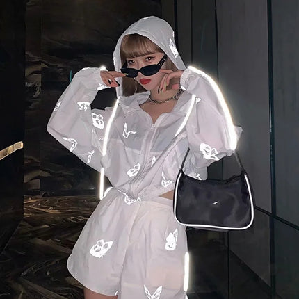 Two Piece Set Women Reflective Butterfly Print Playsuits Hoodies High Waist Lace Up Wide Leg Zip Shorts Loose