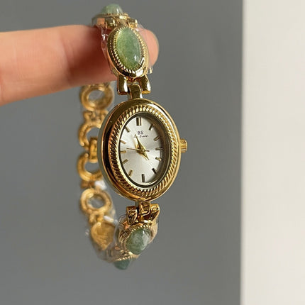 Women's Small Jade Oval Diamond Quartz Bracelet Watch