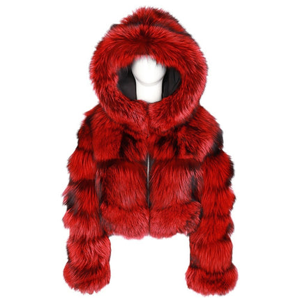 Short Hood Fox Fur Women's Long Sleeve Stitching Coat