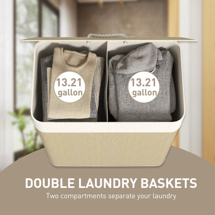 Double Laundry Basket With Lid, 26.4 Gallon Bamboo Laundry Hamper With Rope Handles And Removable Liner, Natural