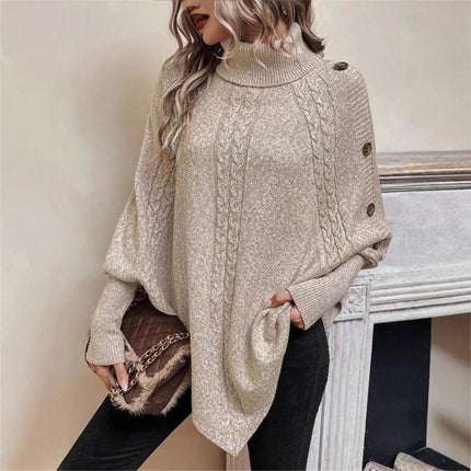 Turtleneck Buttons Decorative Long Sleeve Batwing Shirt