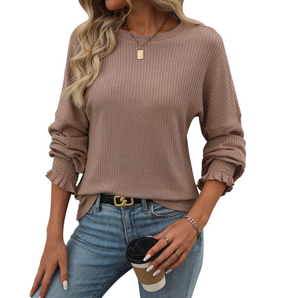 Loose Casual Sunken Stripe Long-sleeved T-shirt For Women