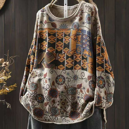 Women's Vintage Printed Cotton Knitted Sweater Round Neck