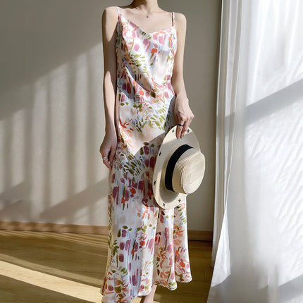 Women's V-neck Mid-length Satin Sling Dress