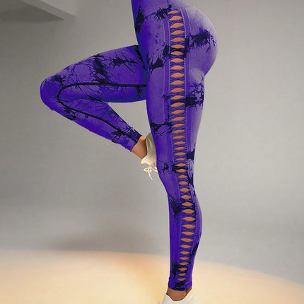 Cut Out Side Hollow Tie Dyed Yoga Pants, High Waist And Hip Lifting Fitness Pants With Side Hollow Seamless Sports Tights, Workout Gym Yoga Pants Scrunch Butt Lift Tights