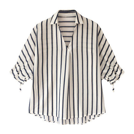 Lace-up Three-quarter Sleeve Striped Shirt For Women