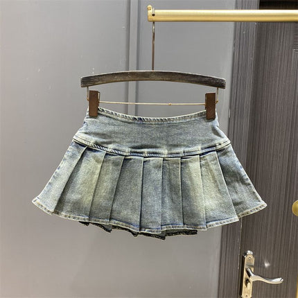 Hot Girl Retro Blue Low Waist Pleated Skirt