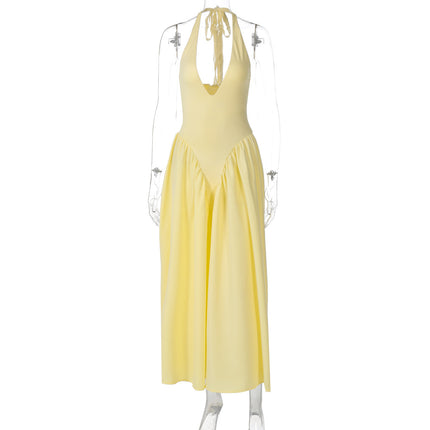 Hot New Sexy Solid Color Deep V Neck Hollow Out Halter Elegant Flared Hem Dress For Women