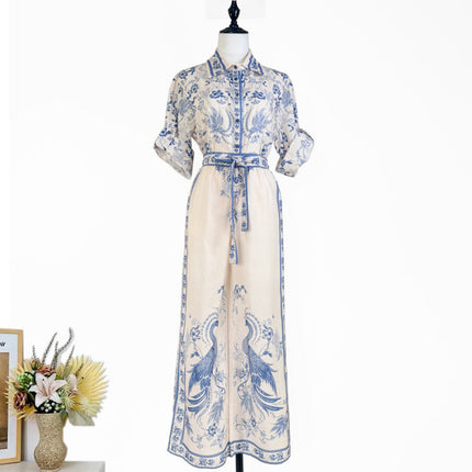 Australian Niche Printing Lapel Rolled Sleeves Shirt Wide Leg Trousers Suit