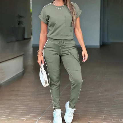 Women's Solid Color Short Sleeve Two-Piece Set - Round Neck, Stripe Trim, Tie Waist Belt, Pockets Spring&Summer Casual Outfit
