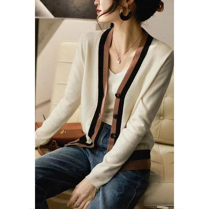 Color-block V Neck Cardigan Knitted Women's Long-sleeved Sweater Outer Tops