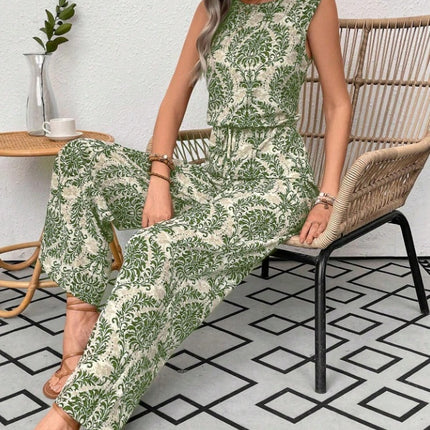 Printed Waist Cinching Casual Straight Leg Pants Set