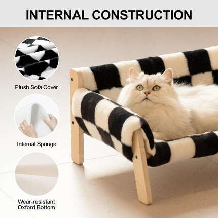 MEWOOFUN Raised Cat Bed With Wooden Legs - Sturdy Cat Sofa Holds 15kg, 56x45cm Soft Checkerboard Couch With Removable Washable Cover For Indoor Cats & Kittens