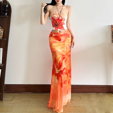 Vacation Style Printed Semi See-through High Waist Slim Skirt