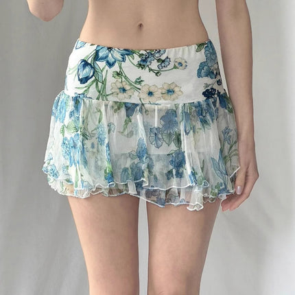 American Street Style Mesh Floral Print Irregular Skirt