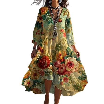 Fashion Flower Printed V-neck Mid-length Dress