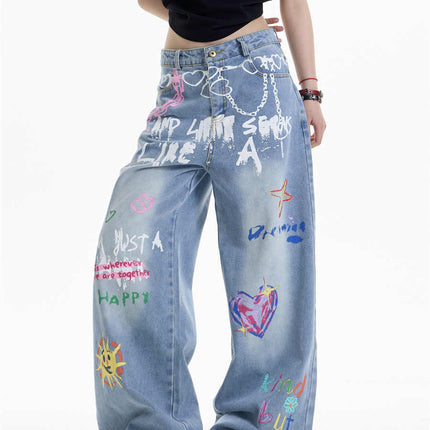 Waist Chain Printed Jeans Women's Straight Wide-leg Pants