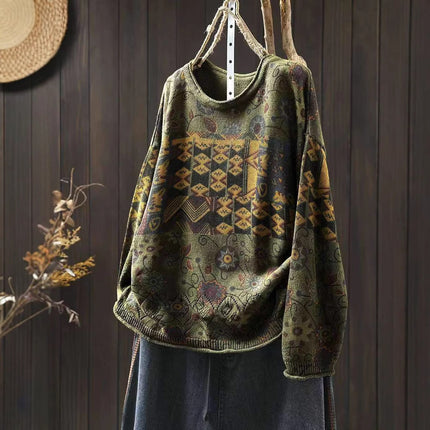 Women's Vintage Printed Cotton Knitted Sweater Round Neck