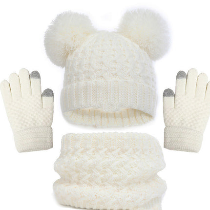 Children's Autumn And Winter Fleece-lined Thickened Double Ball Hat Scarf Gloves Three-piece Set