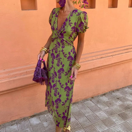 Summer V-neck Short-sleeved Dress Fashion Flowers Printed Slim Beach Dresses For Women Clothing