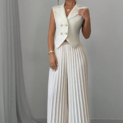 Summer Sleeveless Suit Fashion Lapel Button Vest Top And Pleated Straight Pants Women's Trousers Set Clothing