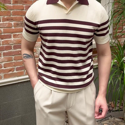 Lapel Lyocell Short Sleeve Fashion Breathable Stripes Polo Shirt