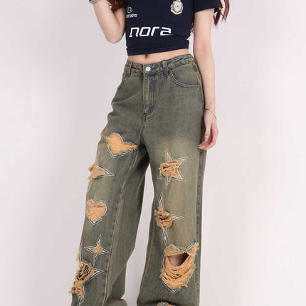 Retro Tattered Jeans Pants Love Wide Leg Jeans
