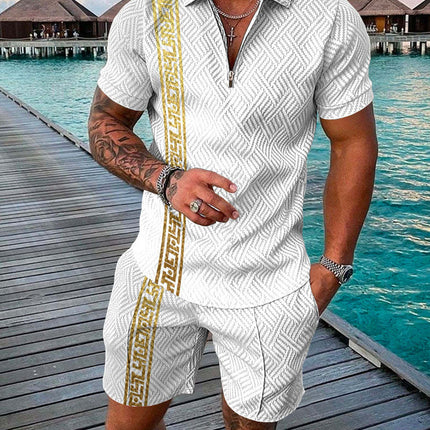 Men's Summer Fashion 3D Printed Short Sleeve Geometric Zip Lapel Shirt Set