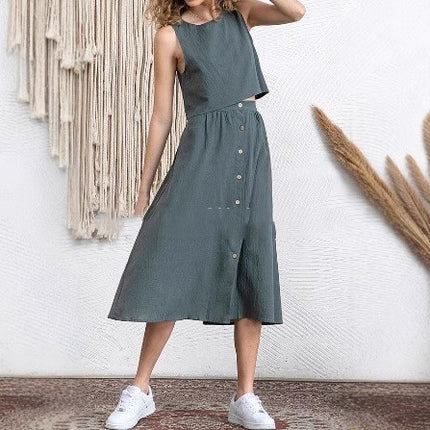 Casual And Comfortable Solid Color Suit Skirt Round Neck Design