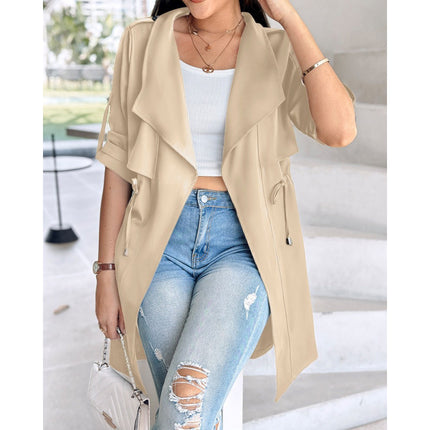Loose Solid Color Waist Tight Rolled Sleeves Mid-length Trench Coat For Women